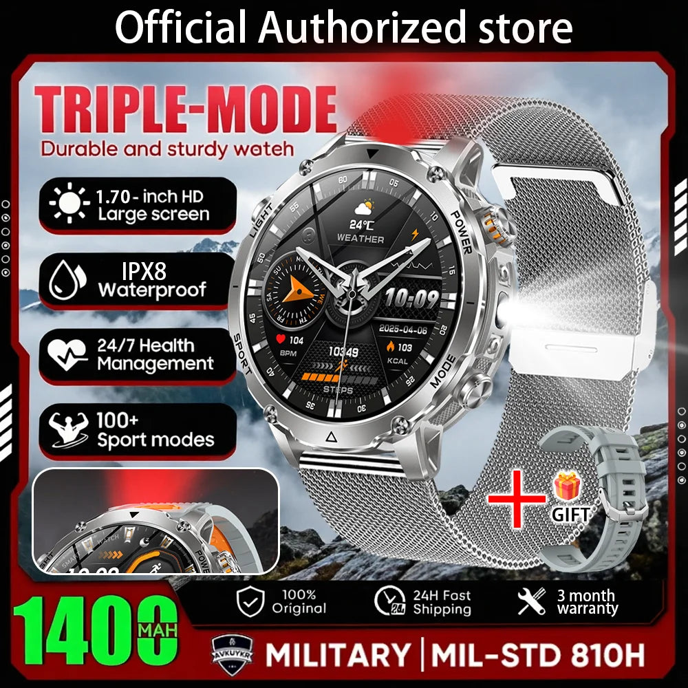 New 1400 mAh Battery Military Smartwatch Men IP68 Waterproof Flashlight Health Monitor Sports Call Smart Watch For iOS Android