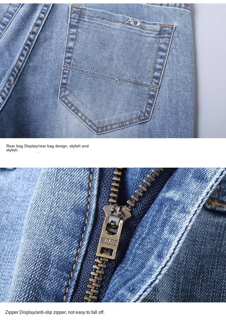 Spring and Summer Thin Men's Light Blue Slim Jeans Stylish Casual Stretch Fabric Denim Pants Classic Trousers Smoke Gray