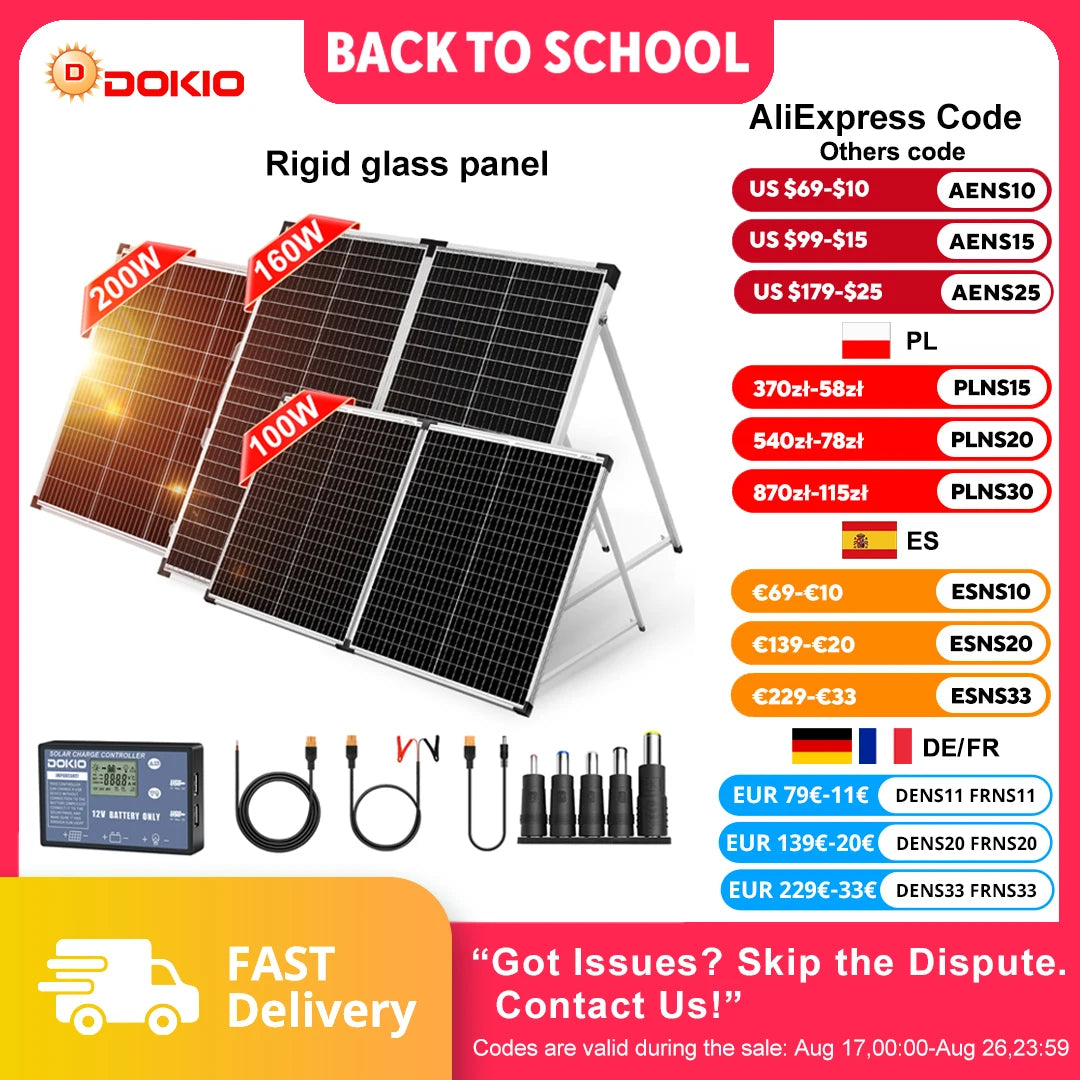 DOKIO Vikbar Solpanel 100W/160W/200W – Monokristallin Portabel Resväska med PWM-regulator, EU-lager