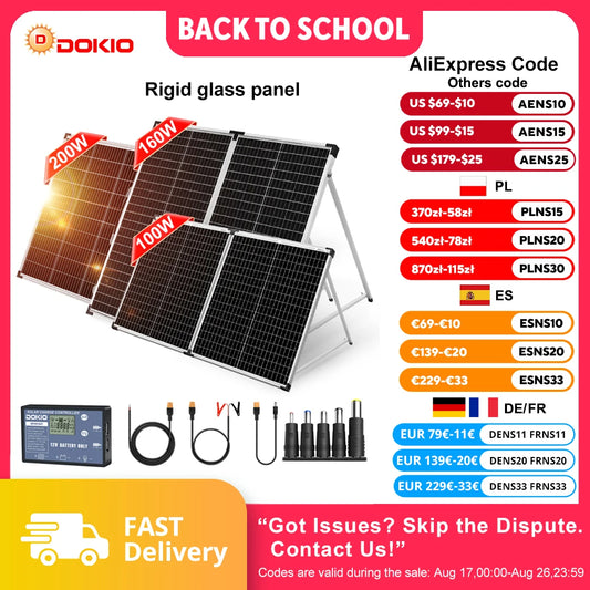 DOKIO Vikbar Solpanel 100W/160W/200W – Monokristallin Portabel Resväska med PWM-regulator, EU-lager