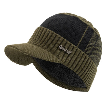 Hot Sale Unisex Warm Winter Hat With Brim Plush Fur Lined Knit Cap Sports Label Thicken Winter Hats For Men