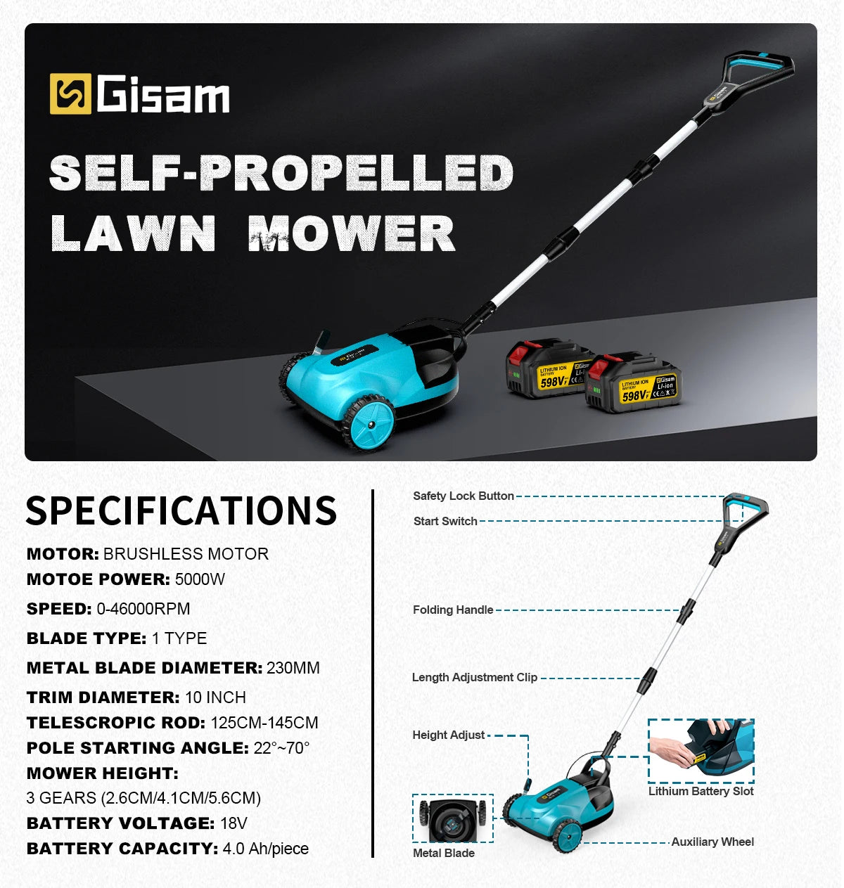 Gisam elektrisk gräsklippare 46000RPM 5000W sladdlös grästrimmer