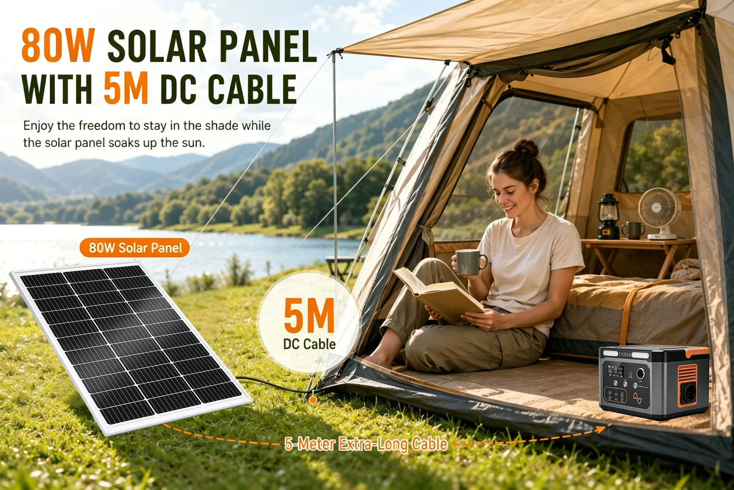 Portable Power Station 500W Optional 80W Rigid Solar Panel with 5m Extension Cable Outdoor Solar Generator for Camping RV Emergency Backup Power