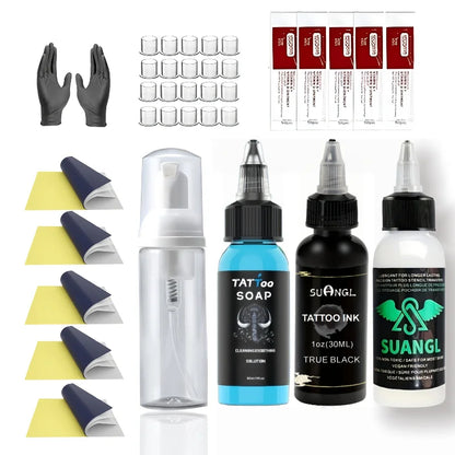 Tattoo Transfer Stencil Kit Black Tattoo Ink Transfer Gel Lotion Stencil Paper Ink Cups Gloves Blue Lotion Set