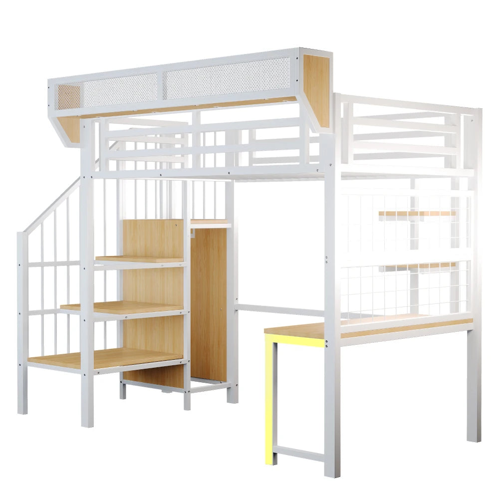 90×200cm & 140*200cm Metal High Bed, with Desk, Shelf and Storage Net, Complete with Safety Ladder, LED Lighting and Socket