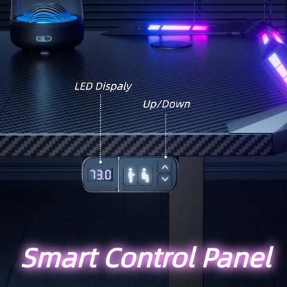 Electric Height Adjustable Gaming Desk With RGB LED Strip Lights, Built-In Cup Holder Headset Hook Ergonomic Computer Game Table with Carbon Fiber Surface, 2 Memory Positions and 3 Sizes