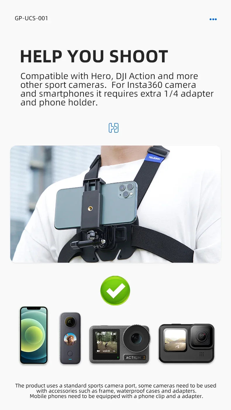 TELESIN Quick-Release Chest Strap Mount for GoPro Hero 13 12 11 10 9 8 7 Insta360 SJCAM DJI OSMO Action 5 4 3 Chest Belt Mount