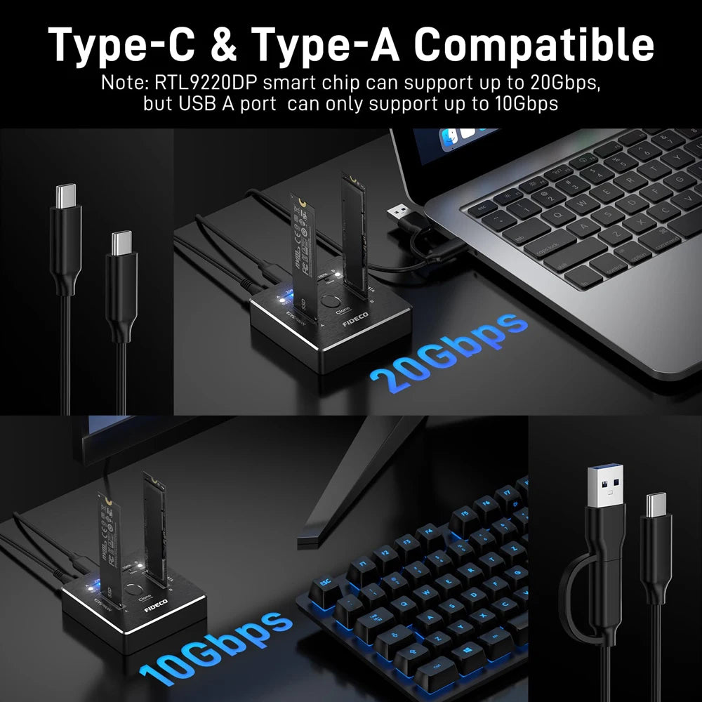FIDECO NVMe SSD Enclosure 20Gbps Dual-Bay M.2 NVME SATA SSD Case Type-C Hdd Docking Station Supports Offline Clone for M.2 Case
