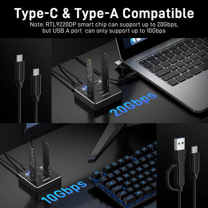 FIDECO NVMe SSD Enclosure 20Gbps Dual-Bay M.2 NVME SATA SSD Case Type-C Hdd Docking Station Supports Offline Clone for M.2 Case