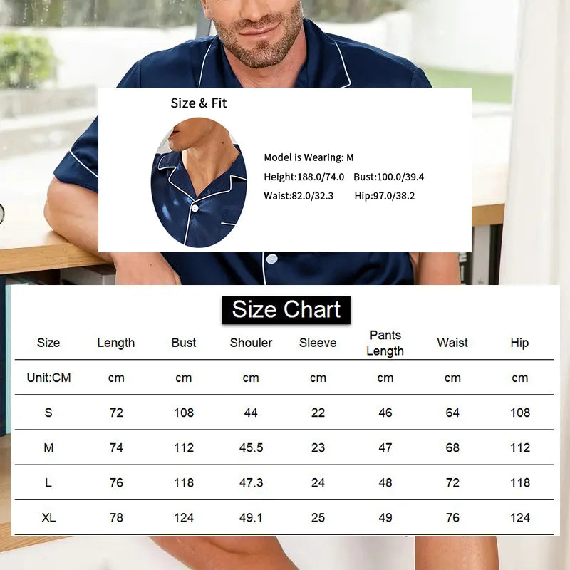 Pyjamasset herr med satinkänsla – kortärmad skjorta och shorts, S–XL