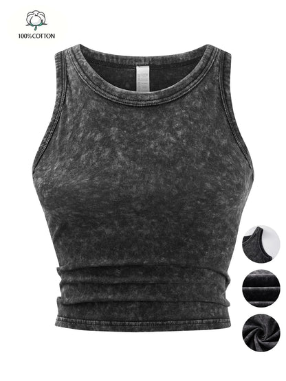 Dam Y2K Bomull Linne Crop Top – Tight Washed Streetwear Casual Sommar, 10 Färger M–XXL