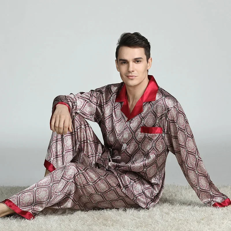 Herr Silk Satin Pyjamas 2-delad – Långärmad Topp & Byxor Tryckt Mönster, Svart/Röd/Marinblå