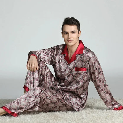 Herr Silk Satin Pyjamas 2-delad – Långärmad Topp & Byxor Tryckt Mönster, Svart/Röd/Marinblå
