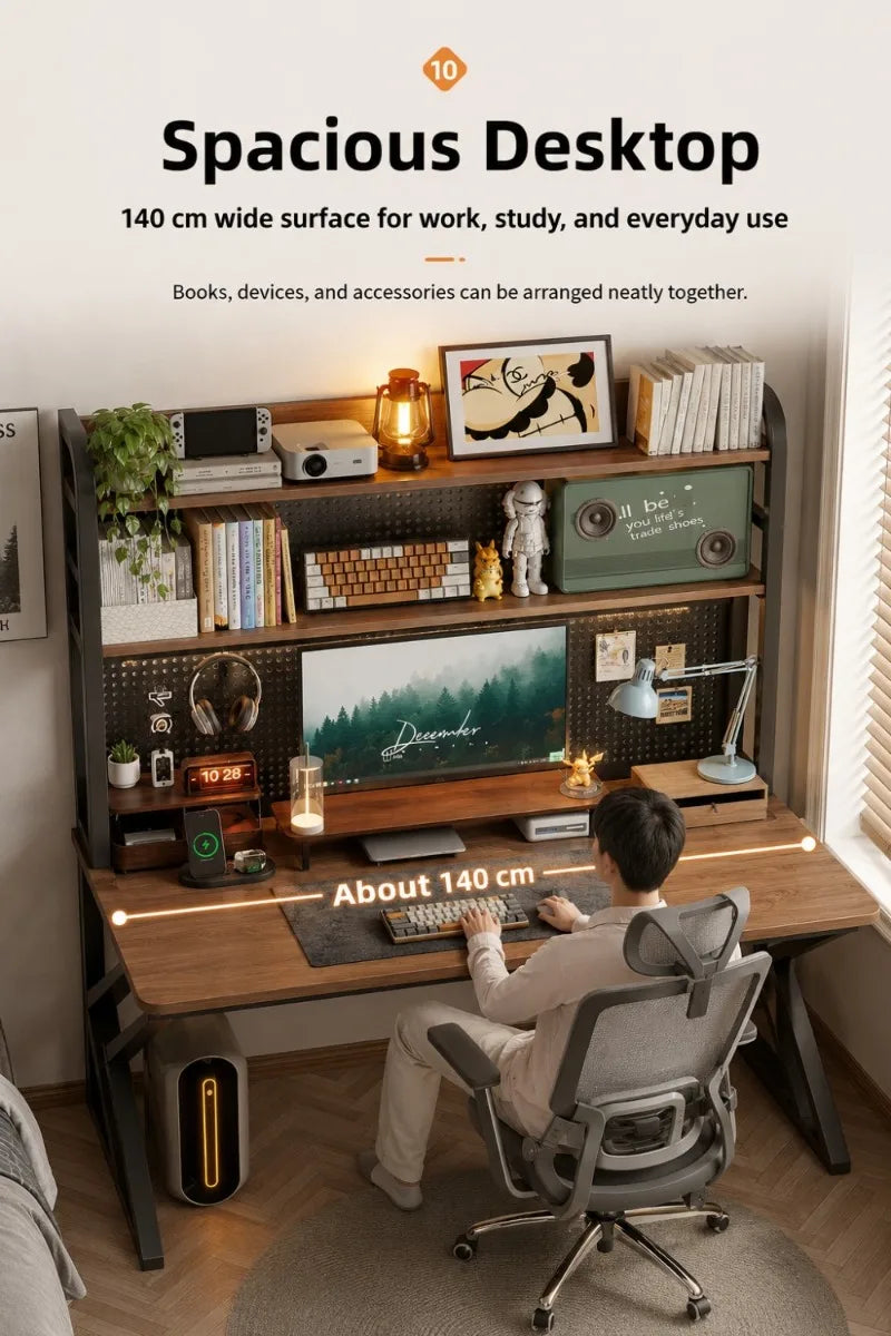 Gaming Desk with Bookshelf and Pegboard Computer Desk with Storage Shelf Home Office Study Desk for Bedroom Small Space