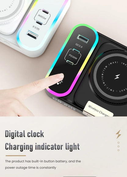 LYNXZ 8-i-1 Magnetisk Trådlös Laddstation 15W – RGB MagSafe PD30W USB-C iPhone AirPods Apple Watch Vit Svart