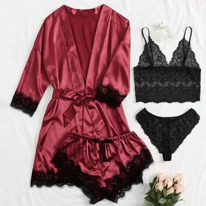 Pyjamasset dam med satinkänsla och spets – sex färger, S–2XL