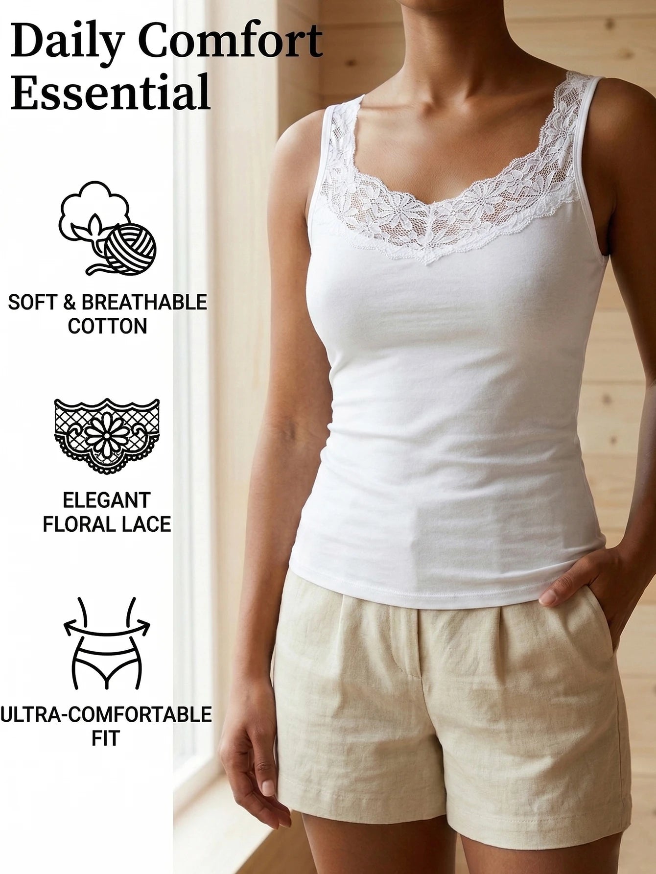 Summer Women's Lace Neckline Seamless Tank Top Slim Fit Soft Stretchy Camisole Basic Sleeveless Layering Vest Underwear