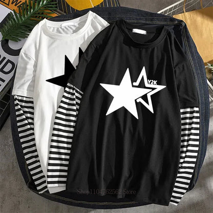 Women Star Y2K Print Graphic Fake Two Long Sleeved T-shirts Fashion Gothic Retro Casual Loose Fake Two Long Sleeved T Shirt
