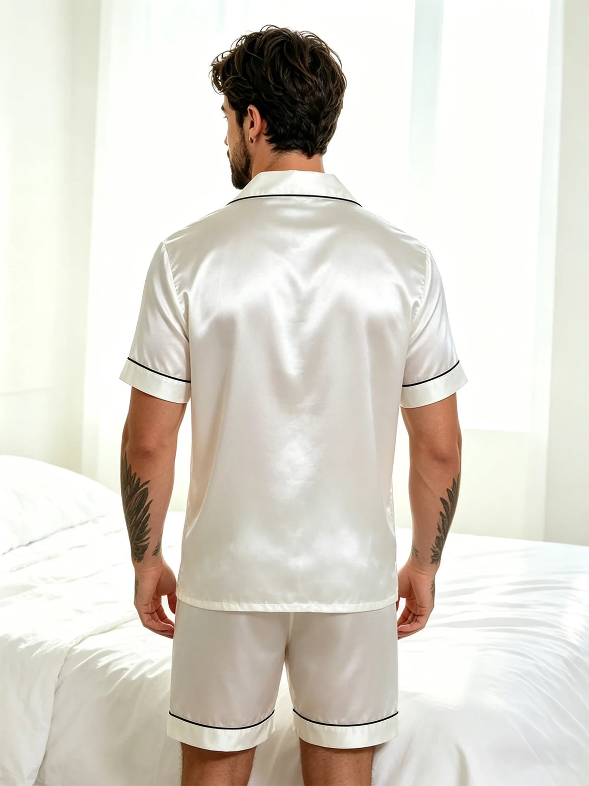 Pyjamasset herr med satinkänsla – kortärmad skjorta och shorts, S–XL