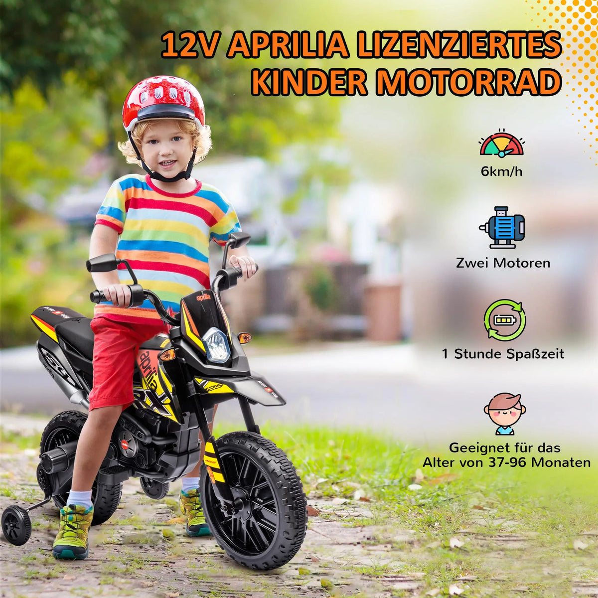 Elmotorcykel för barn 12 V med stödhjul, LED-ljus och USB