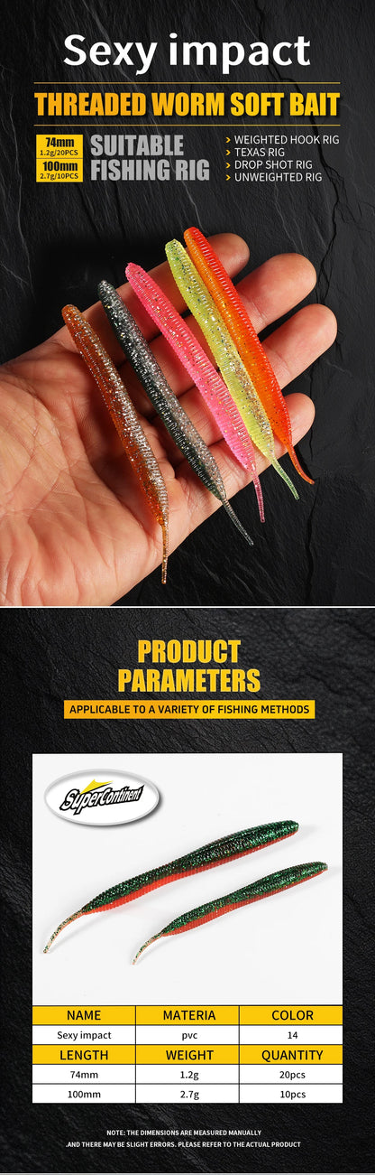 2019 new Supercontinent Needle-tailed straight worm now hot 100mm/10pcs Double Color Silicone Bait