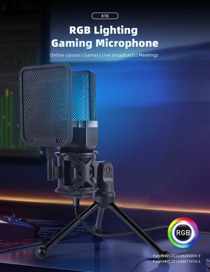 Gaming Microphone Professional Condenser Mic PC Laptop Computer Mike RGB USB Wired Studio Streaming Podcast Gamer Karaoke PC Kit