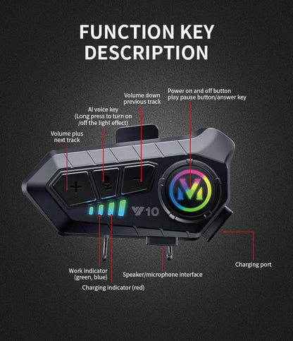 Y10 Motorcycle Helmet Headset Stereo Voice Control Bluetooth 5.3 Hands Free Call IPX6 Waterproof 1000mAh With Ambient Light