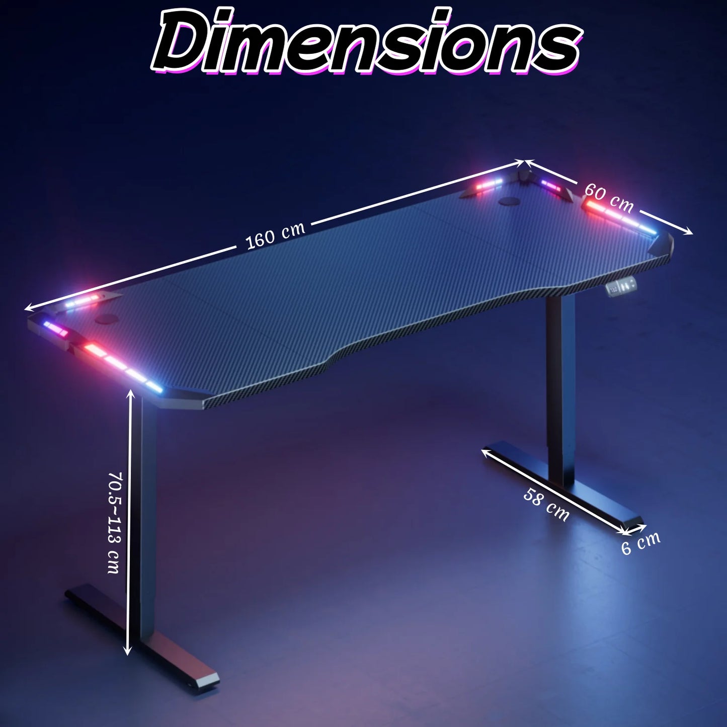 120/140/160cm Electric Height Adjustable Table, Ergonomic Gaming Desk with LED Lights, Carbon Fiber Desktop for Home Office