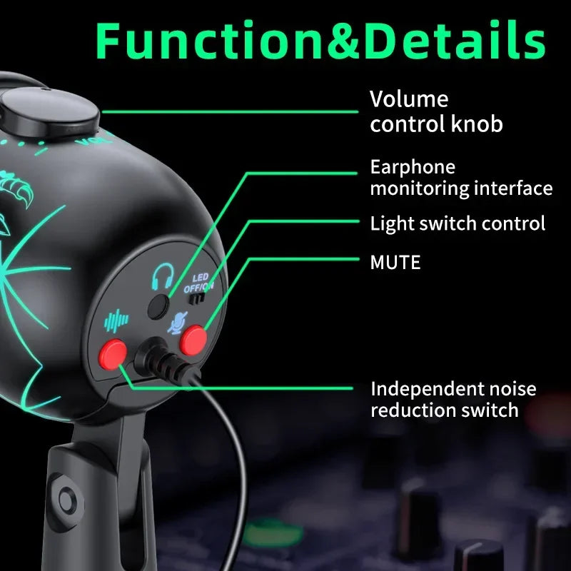 RGB Condenser Microphone with Breathing Light Desktop Mic Stand for Laptop PC Live Streaming Video Conference Online Game