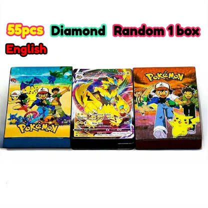 •55 pcs Pokemon Metal Gold Black Vmax GX Card Box Mewtwo Charizard Pikachu Rare Collection Battle Trainer Children Toys Gift