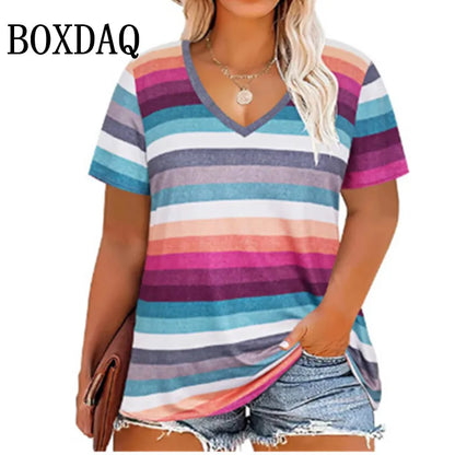 Summer Women Plus Size T Shirts Classic Black White Stripes V-Neck Short Sleeve Tunic Tops Loose Casual Women Tee Shirt 7XL 8XL