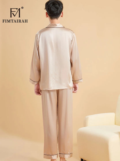 Fimtairah Real 19MM 100% Mulberry Silk Pajamas Men's Autumn  Hangzhou Solid Color heavy Silk Home Wear Men's