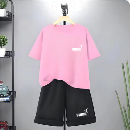 Summer Kids Print 2pcs Breathable Tees+Shorts Leisure Suits 3-12 Years Boys Girls Outfits Children Cool Black White Clothes