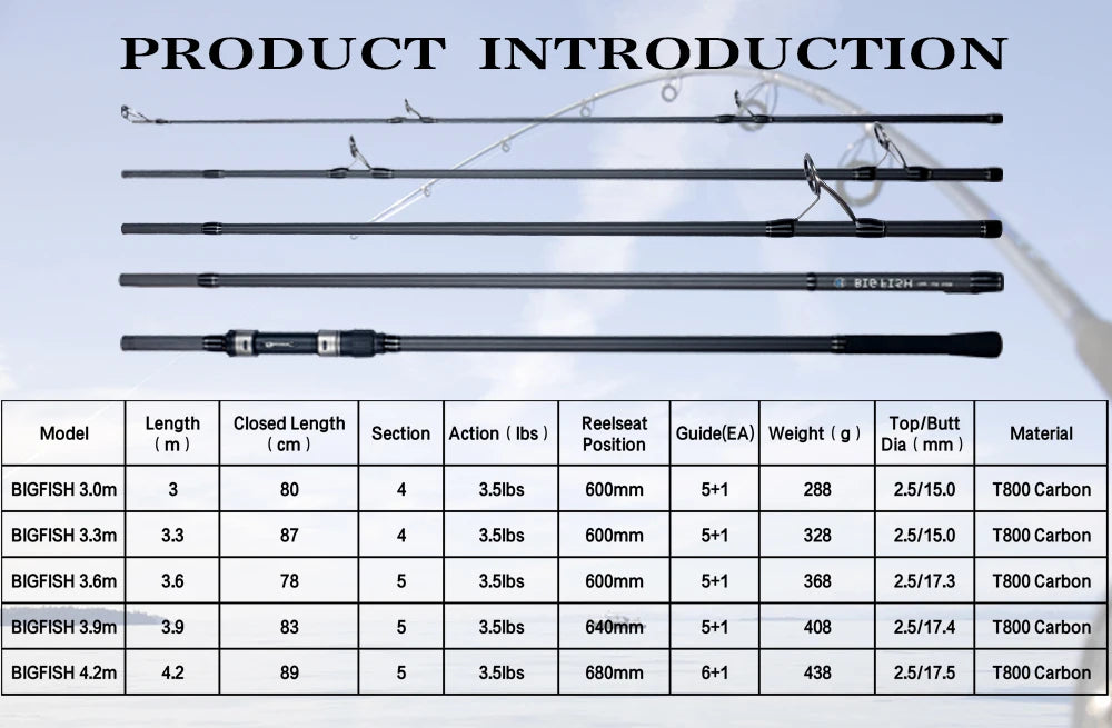 BIUTIFU BIGFISH Carp Surfcasting Rock Fishing Rod 3.0/3.6/3.9/4.2/4.5m T800Carbon 3.5lb Shore Casting 40-200g Spinning Hard Pole
