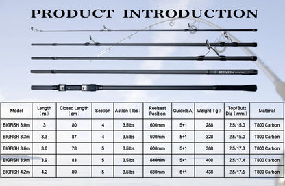 BIUTIFU BIGFISH Carp Surfcasting Rock Fishing Rod 3.0/3.6/3.9/4.2/4.5m T800Carbon 3.5lb Shore Casting 40-200g Spinning Hard Pole