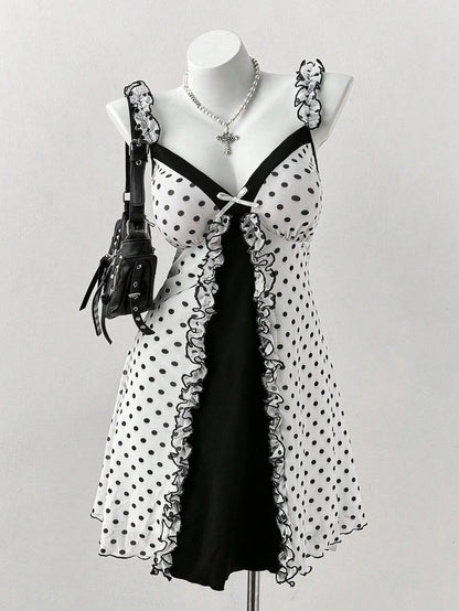 Plus Size Y2K Polka Dot Dress, Ruffle Trim Bow Front Cami Mini Dress, Sexy Sweet Coquette Style Party Dress for Women