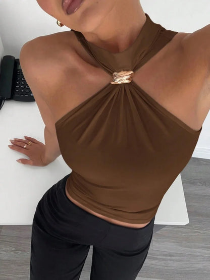 Dam Halterneck Crop Top – Metallring Twist Knot, Slim Fit Sommar Kontorsstil, 10 Färger