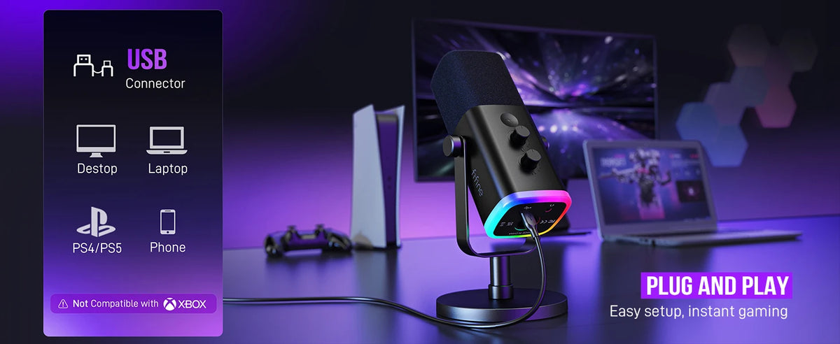 FIFINE USB/XLR dynamisk mikrofon med RGB, hörlursuttag och mute