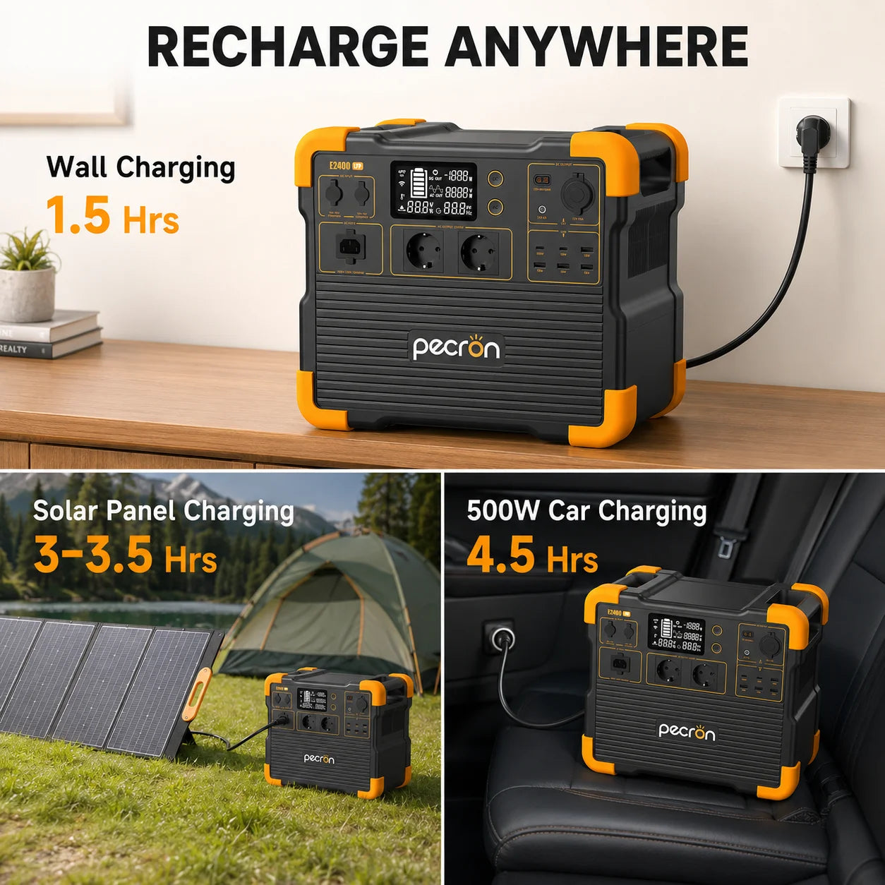 Pecron E2400 LFP 2400W Portable Power Station 2048Wh LiFePO4 Solar Generator with UPS Expandable to 8192Wh 1.6H Fast Charge 800W Solar Input for Home Emergency Camping RV Off-Grid