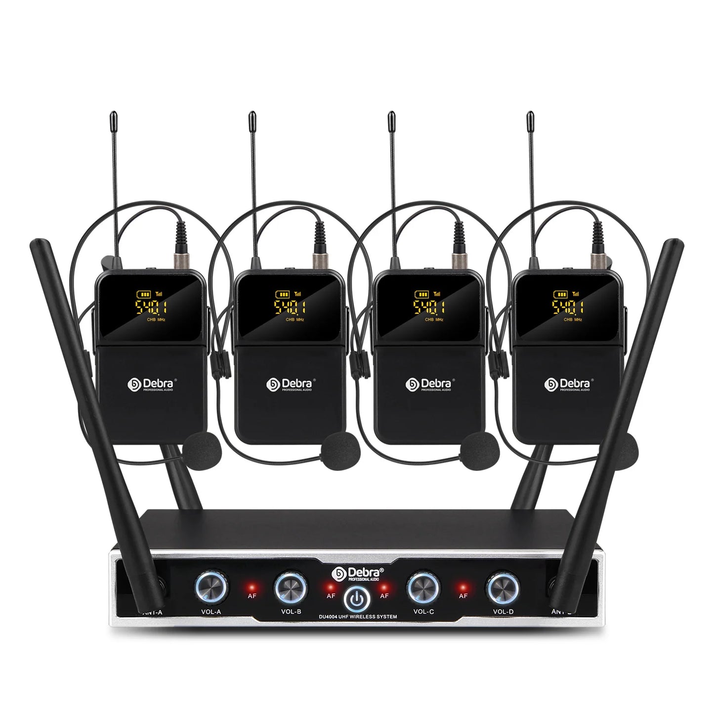 Debra DU4004 Wireless Conference Microphone System, UHF 4-channel, lavalier, headset, handheld microphone, for weddings, karaoke