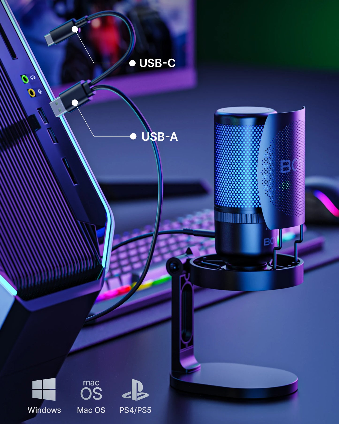 BOYA K3 USB Dektop Microphone with Noise Cancellation/Gain/RGB for Podcasting Live Streaming on iPhone Smartphone/PS4,5/Mac/PC