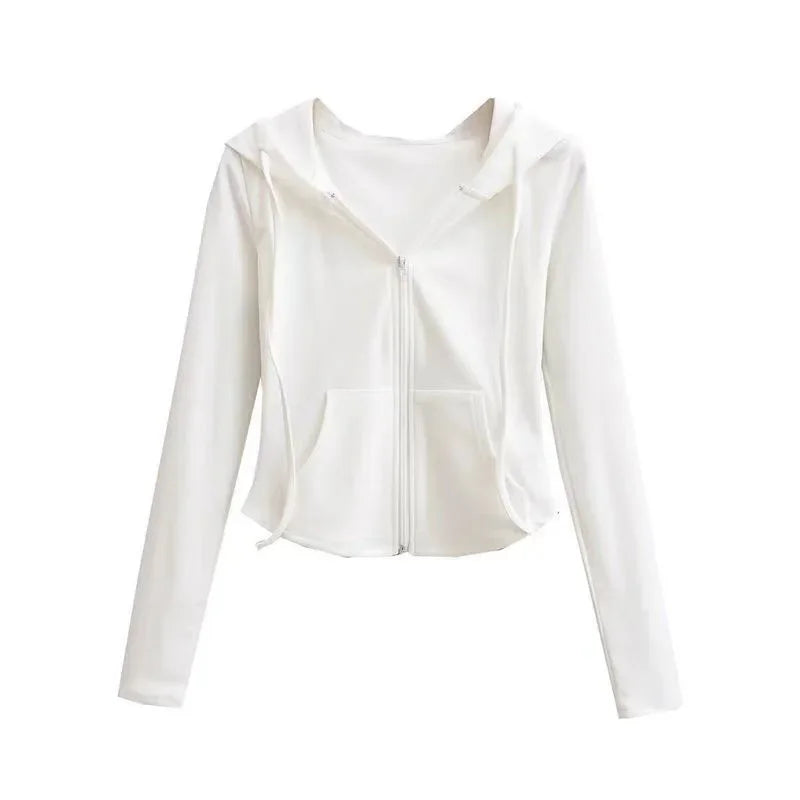 Women's Slim Fit Hooded Zip Up Sports Sweatshirt | Autumn Cropped Casual Jacket Long Sleeve Athletic Outerwear K Pop Clothes