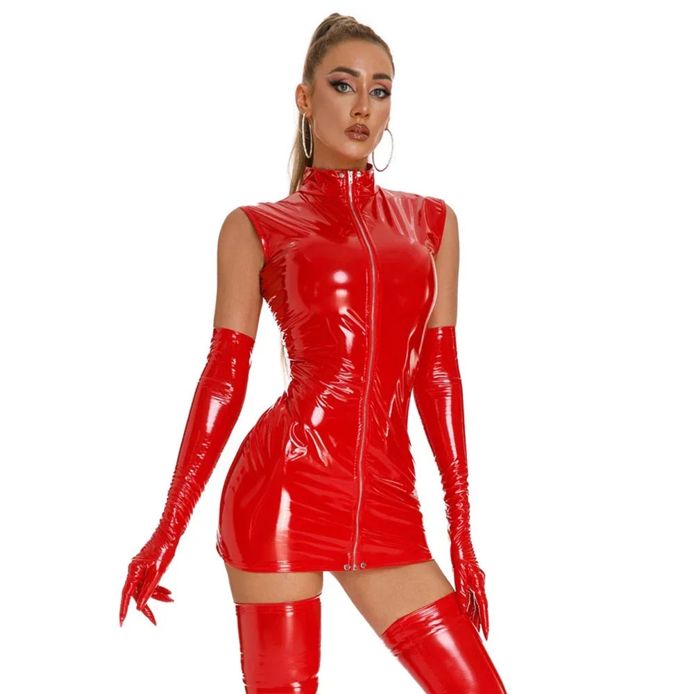 Women Latex Leather Lingerie Hot Exotic Mini Dress PVC Wet Look Leather Sleeveless Zip Bodycon Dress