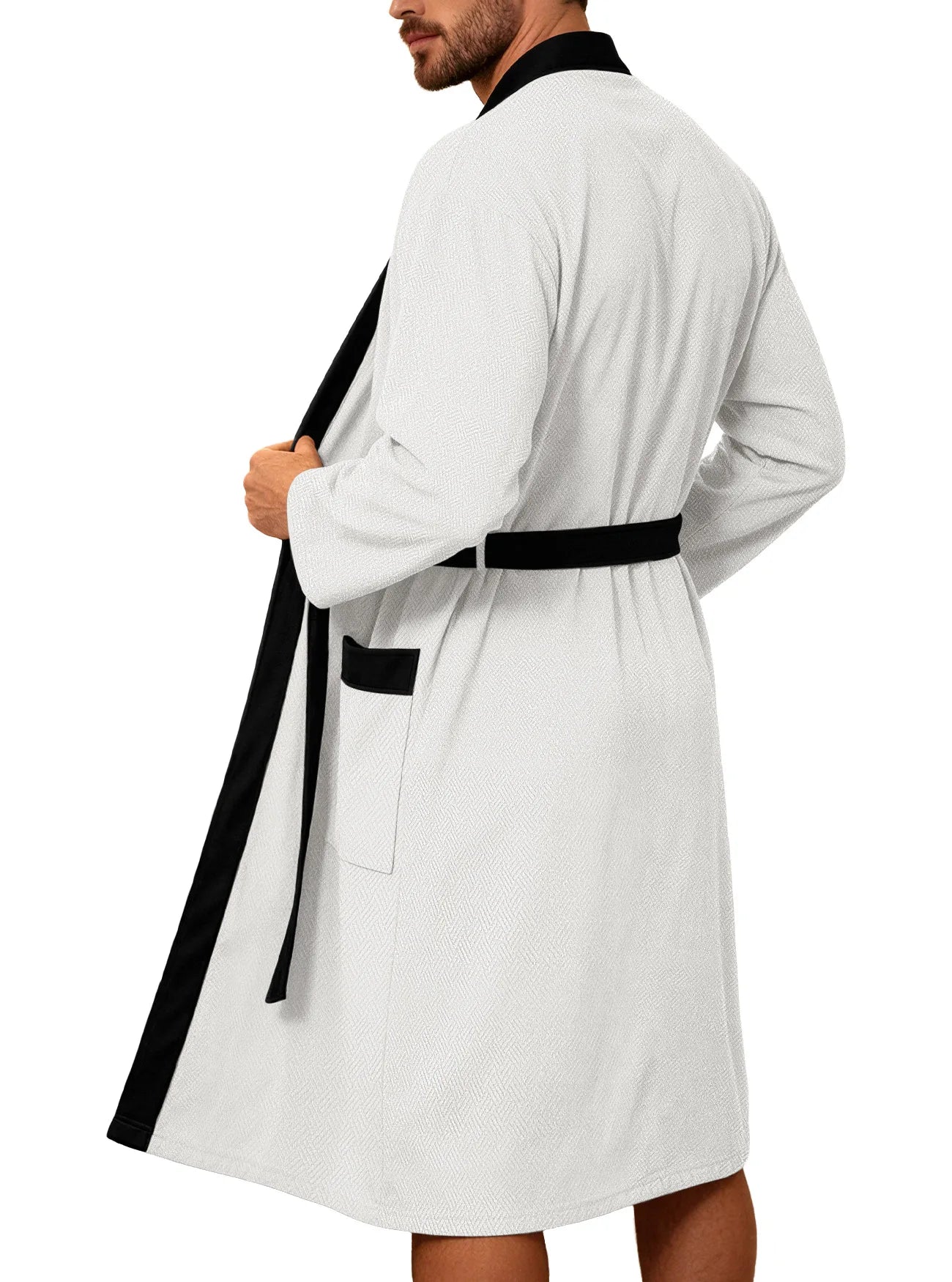 Men's Twill Fabric Long Bathrobe with Belt Design, Double Pockets, Casual Home Pajamas, Loose Fit, Hotel Resort Style, Nightwear