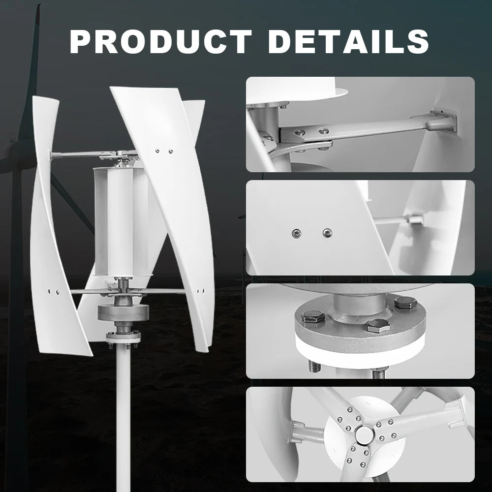 Vertikal Vindturbin 2kW 12V/24V/48V CE-certifierad – Kärnlös Generator 3 Blad Off-Grid Hybrid 220V Hushåll, EU-lager Polen