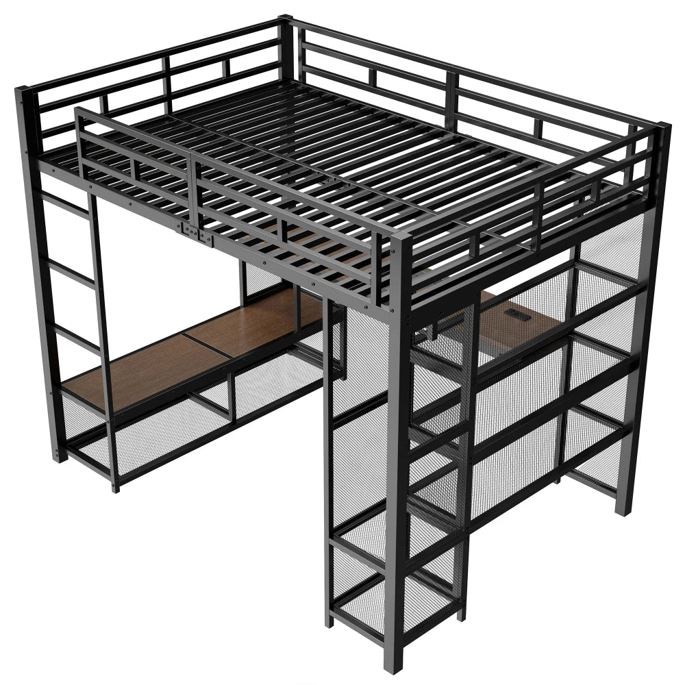 140x200cm Metal High Bed with Storage and Open Wardrobe, Kids Bedroom Bed with USB Connector and LED Lighting, Black/white