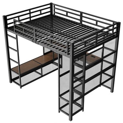 140x200cm Metal High Bed with Storage and Open Wardrobe, Kids Bedroom Bed with USB Connector and LED Lighting, Black/white