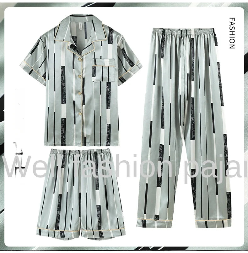 Fashion Summer Autumn 3 Piece Silk Men Pajamas Set Short Sleeve Shorts Oversize Homewear Lapel Collar Loungewear Pijamas for Man