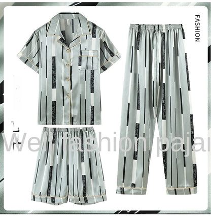 Fashion Summer Autumn 3 Piece Silk Men Pajamas Set Short Sleeve Shorts Oversize Homewear Lapel Collar Loungewear Pijamas for Man