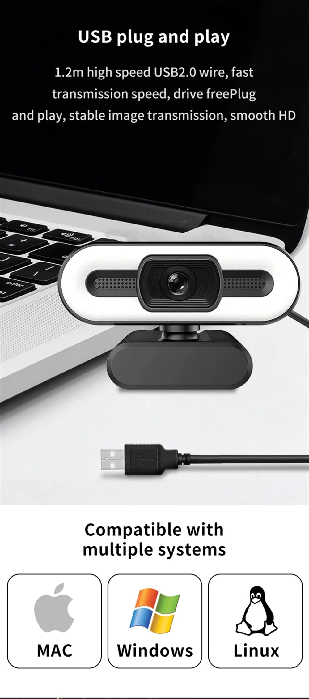 USB-webbkamera med mikrofon och utfyllnadsljus – 2K/4K-val